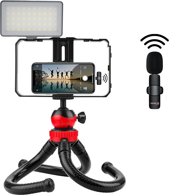 General VG-20 Vlogging Kit for Mobile & Digital Cameras with LED Light, K10 wireless Microphone for iphone, Phone Holder and Tripod Stand