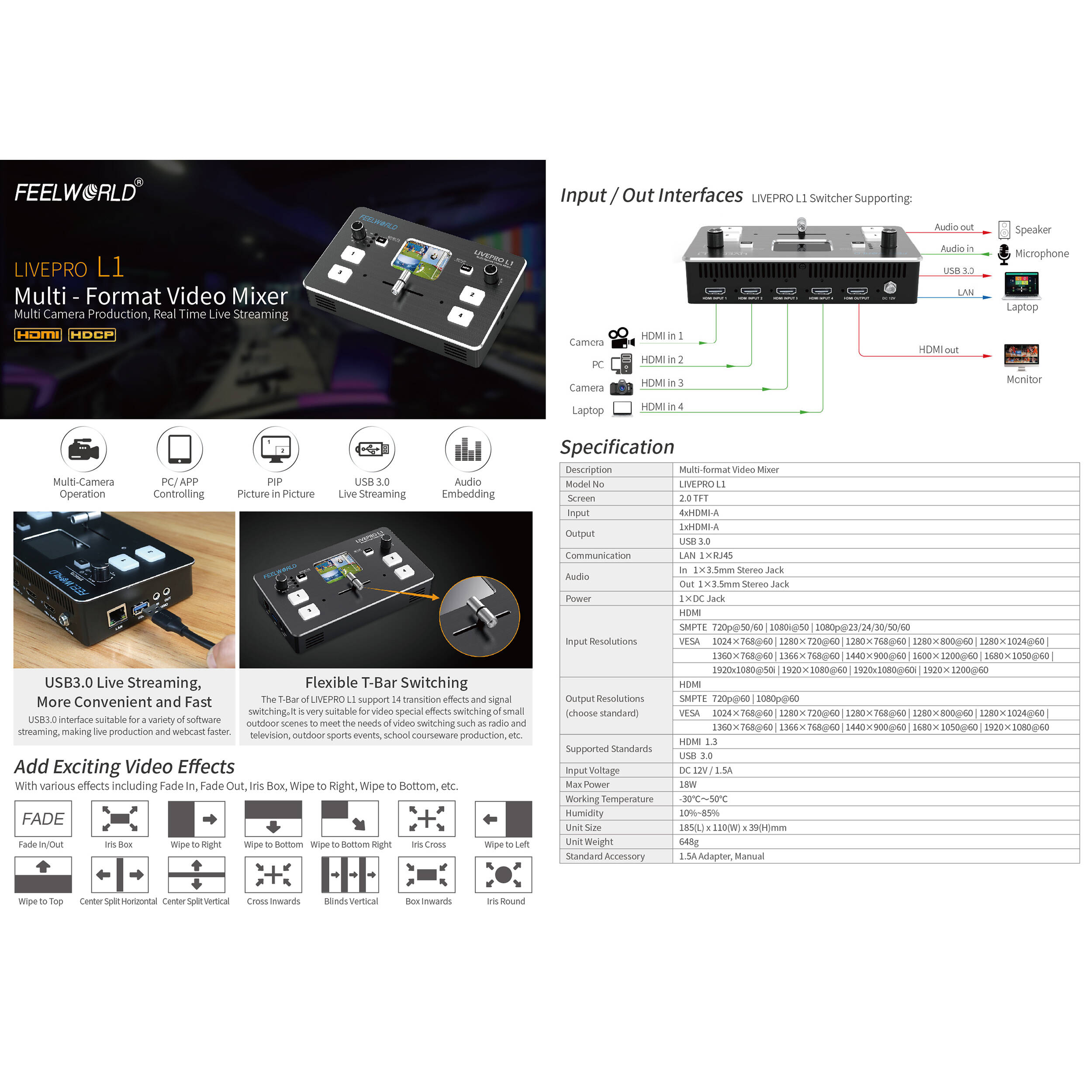 FeelWorld LIVE PRO L1 Multicamera Video Switcher with 4 x HDMI Inputs & USB Streaming