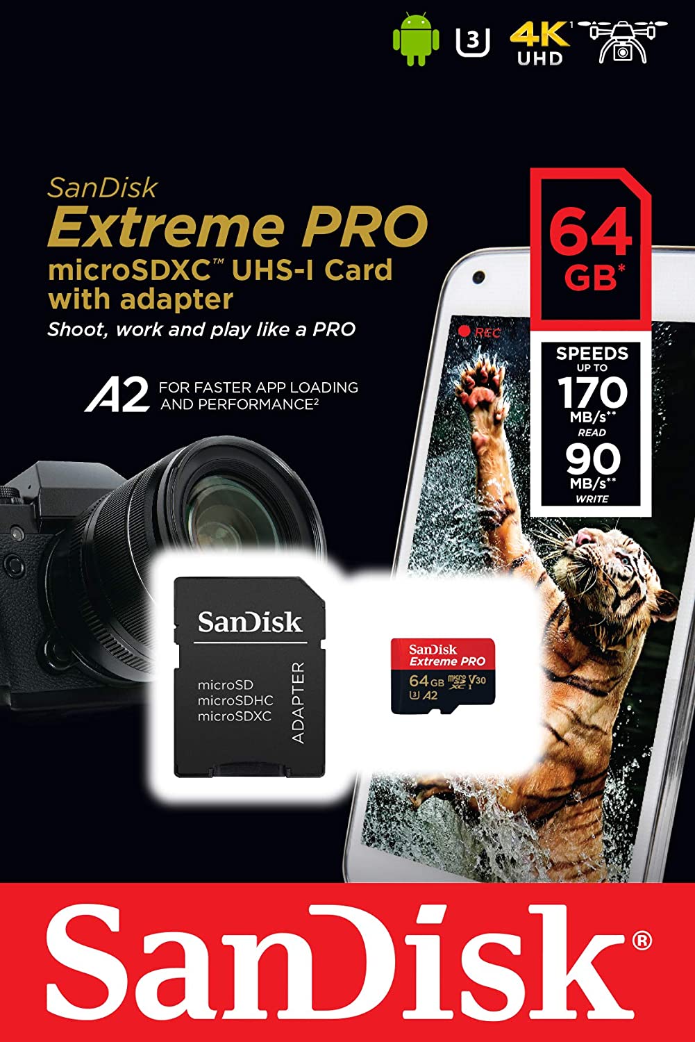 SanDisk Extreme PRO 64 GB up to 170MB/s UHS-II Class 10 U3 microSDXC Memory Card with USB 3.0 Reader