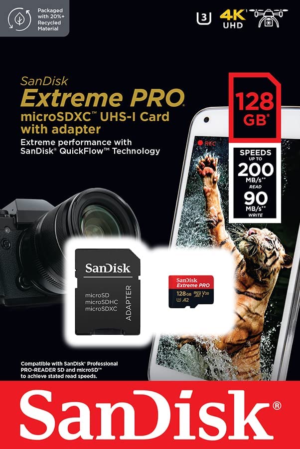 SanDisk Extreme Pro microSD UHS I Card 128GB for 4K Video 200MB/s Read